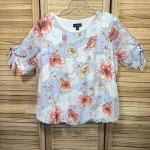 I.N. Studios Floral Blouse With Tie Sheer Sleeve's LINED Size 2X